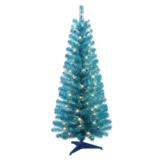 4.5Ft Pre-Lit Teal Tinsel Artificial Tree, Clear Lights By Puleo International | 23" x 54" | Michaels®